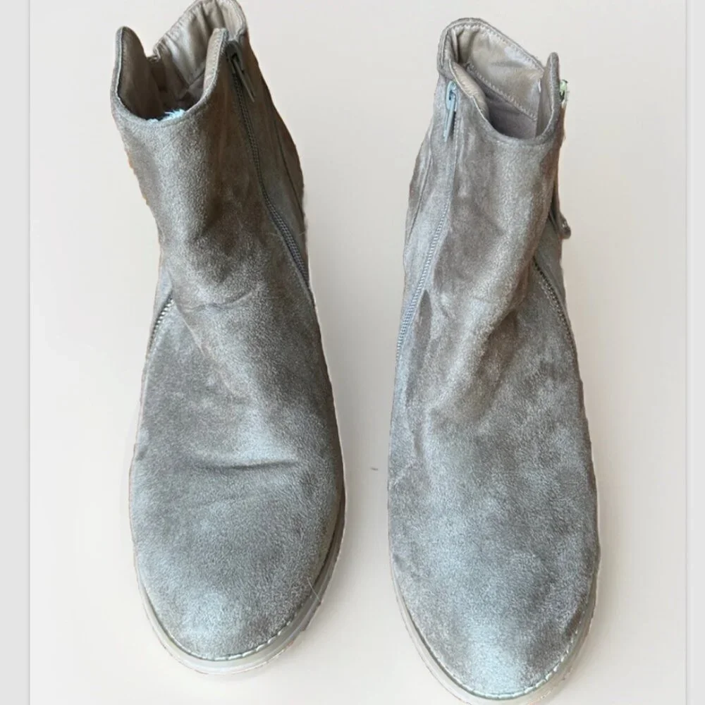(11) CHARLES ALBERT Beige-Gray Vegan Suede Ankle Boots Zipper Closure & Accents